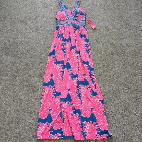 Lilly Pulitzer Taryn Maxi Dress Blue Haven Little Flamenco Size 4 Pink Pineapple - Picture 1 of 11